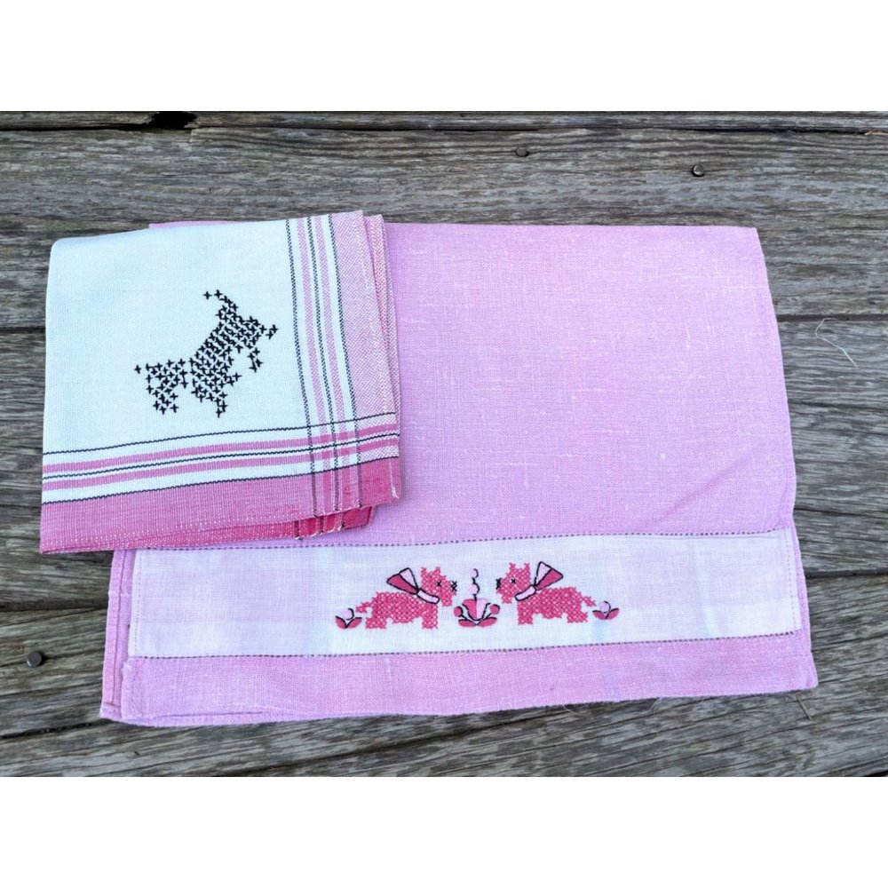 VIntage Tea towel/Napkin Pink with Embroidery Scottie Dogs